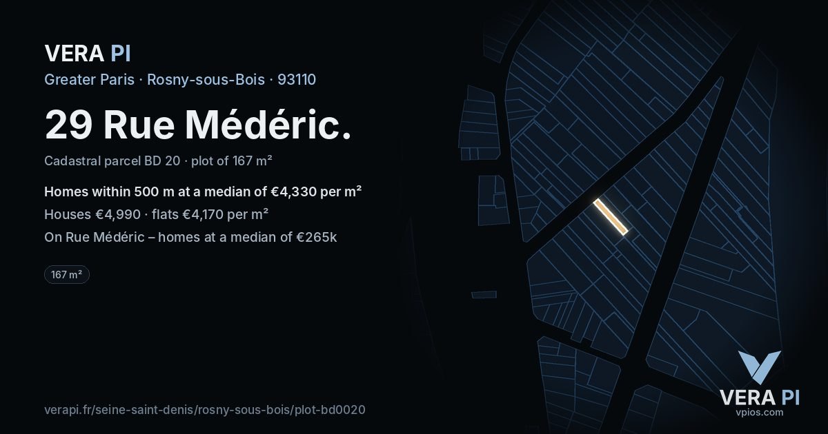 29 Rue Médéric, Rosny-sous-Bois at night – the plot lit, the parcels around coloured by the prices near them