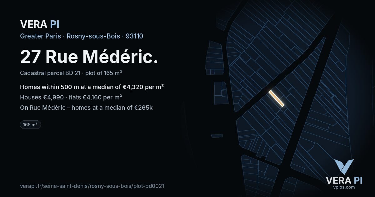 27 Rue Médéric, Rosny-sous-Bois at night – the plot lit, the parcels around coloured by the prices near them