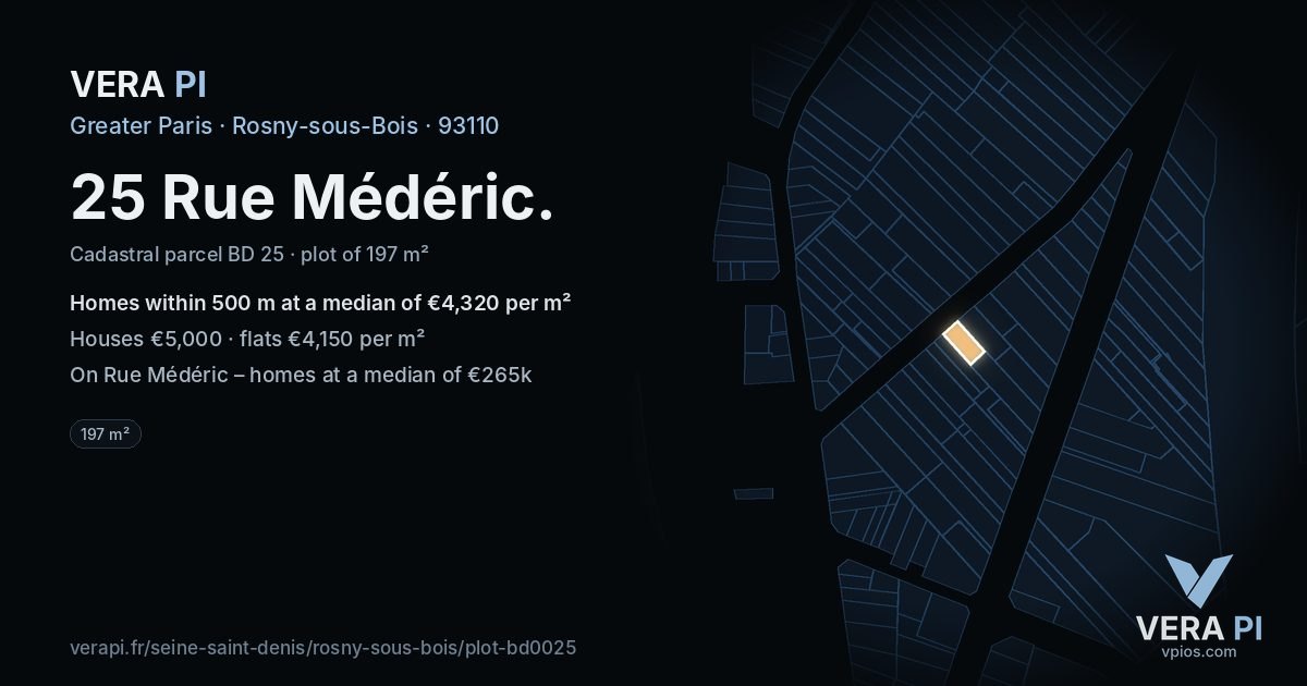 25 Rue Médéric, Rosny-sous-Bois at night – the plot lit, the parcels around coloured by the prices near them