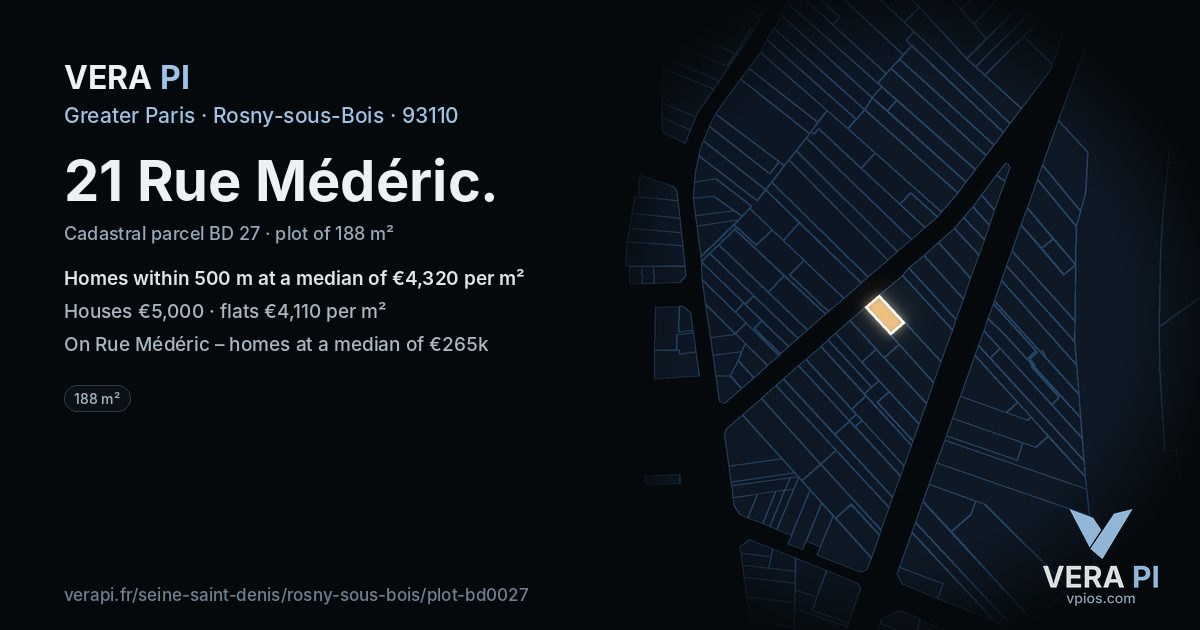 21 Rue Médéric, Rosny-sous-Bois at night – the plot lit, the parcels around coloured by the prices near them