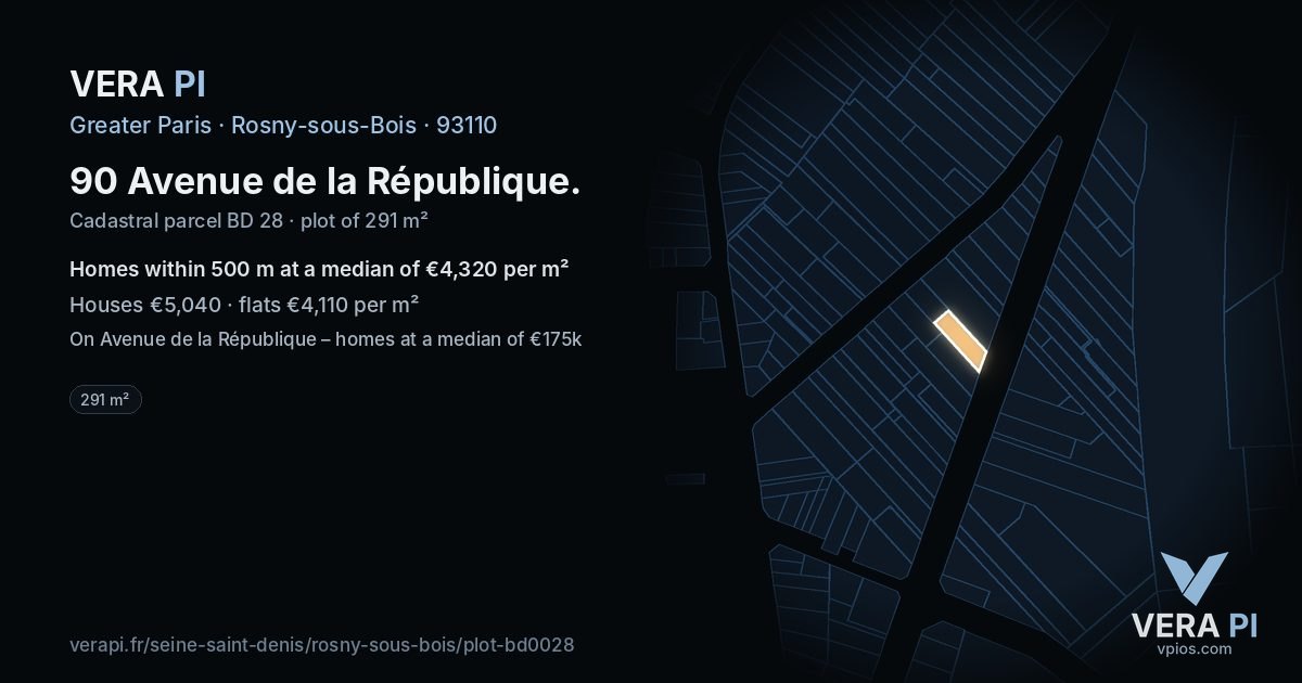 90 Avenue de la République, Rosny-sous-Bois at night – the plot lit, the parcels around coloured by the prices near them