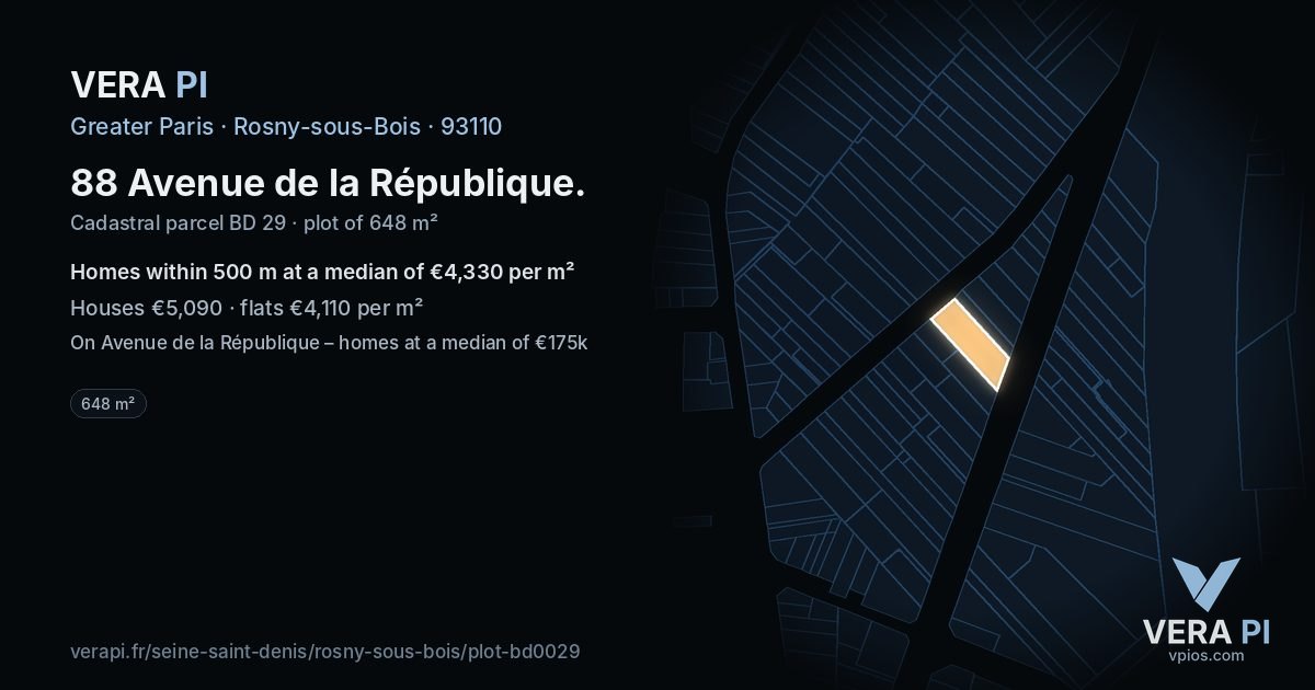 88 Avenue de la République, Rosny-sous-Bois at night – the plot lit, the parcels around coloured by the prices near them