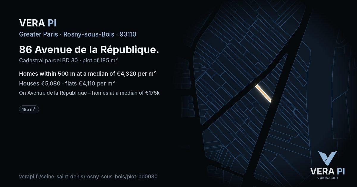 86 Avenue de la République, Rosny-sous-Bois at night – the plot lit, the parcels around coloured by the prices near them