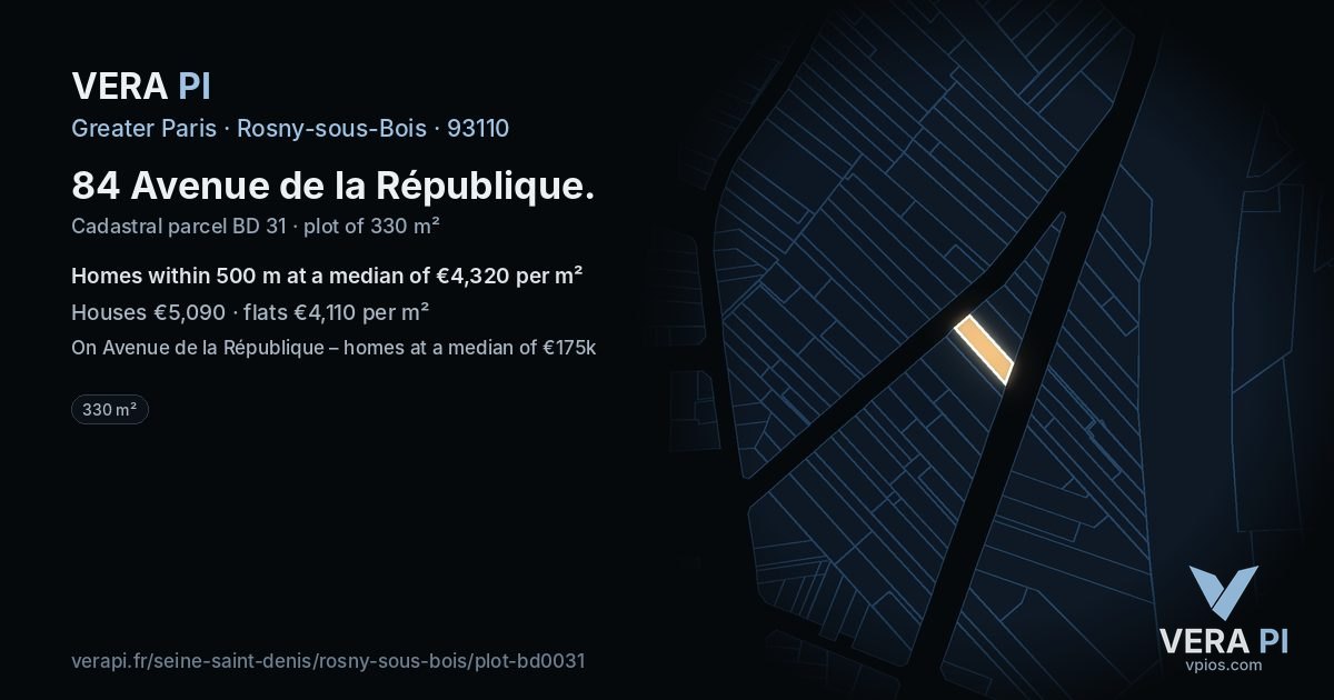 84 Avenue de la République, Rosny-sous-Bois at night – the plot lit, the parcels around coloured by the prices near them