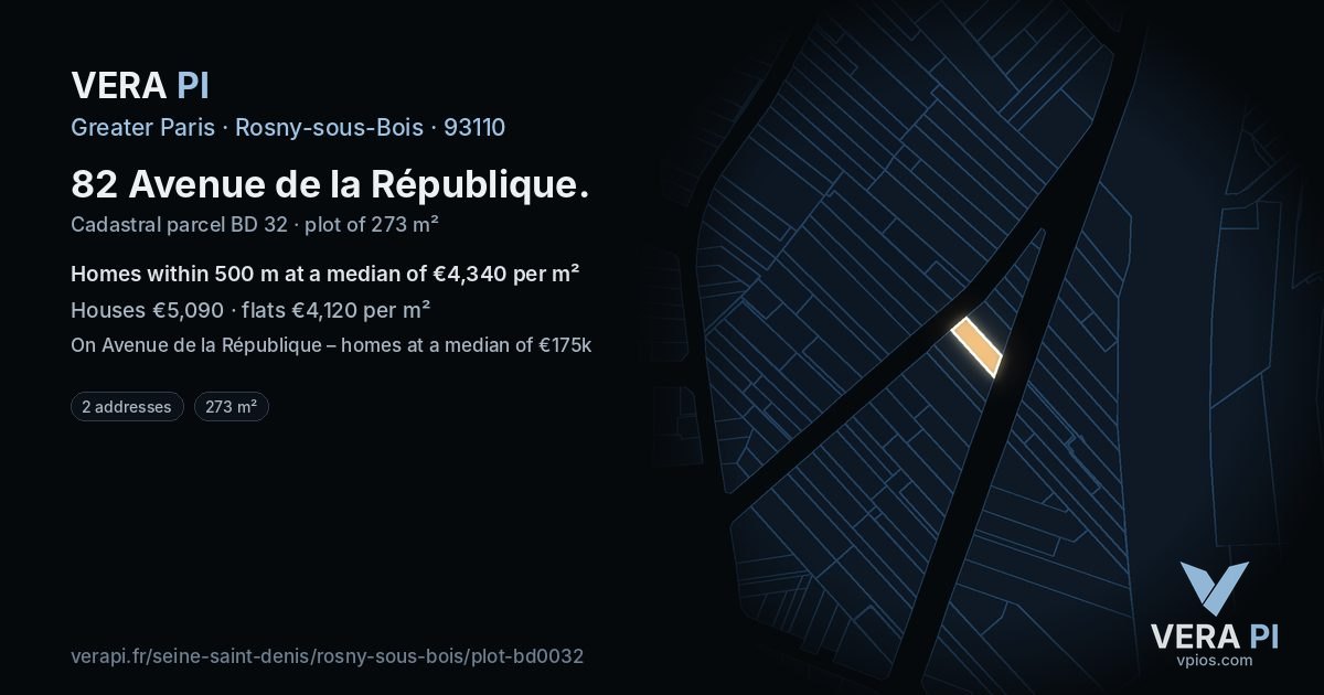 82 Avenue de la République, Rosny-sous-Bois at night – the plot lit, the parcels around coloured by the prices near them