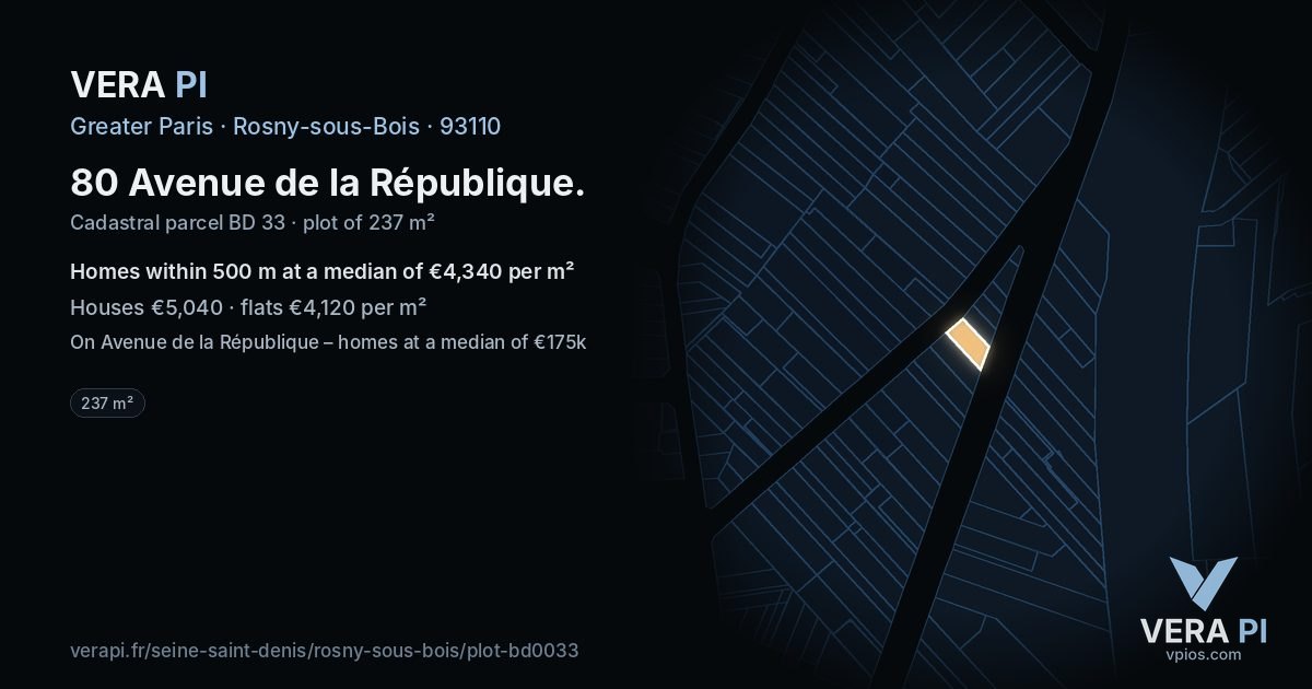 80 Avenue de la République, Rosny-sous-Bois at night – the plot lit, the parcels around coloured by the prices near them