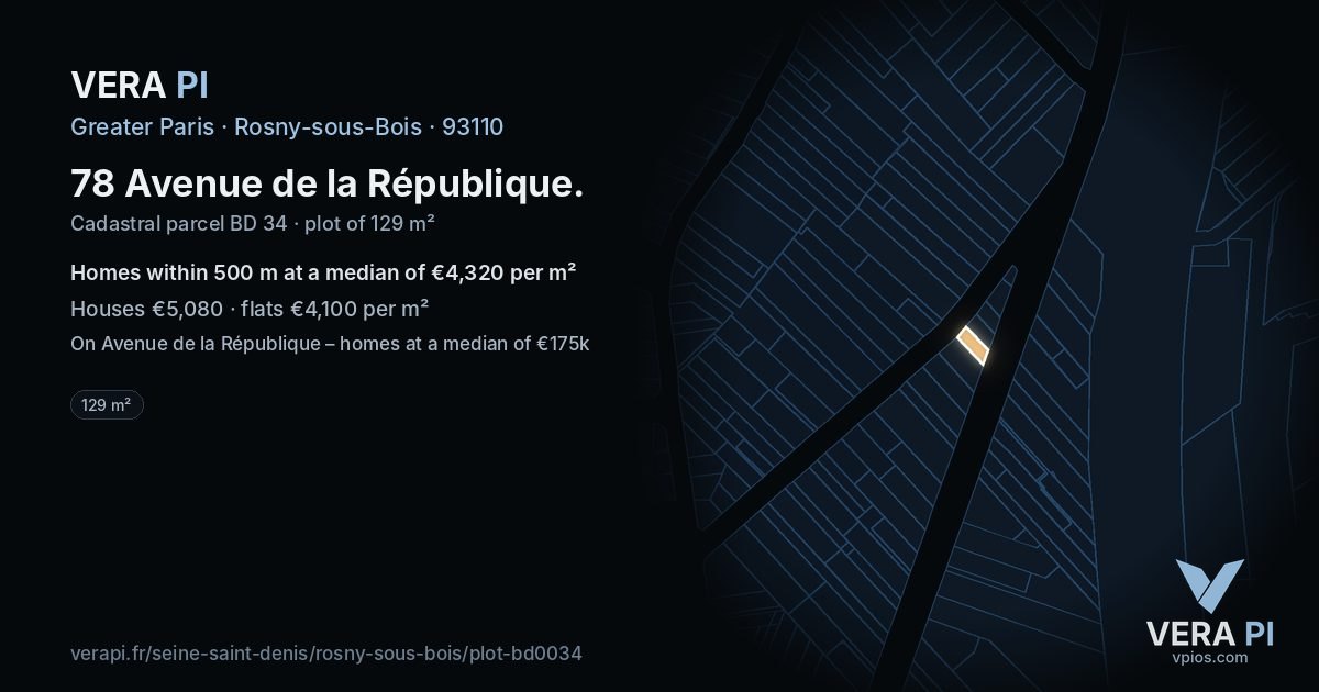 78 Avenue de la République, Rosny-sous-Bois at night – the plot lit, the parcels around coloured by the prices near them