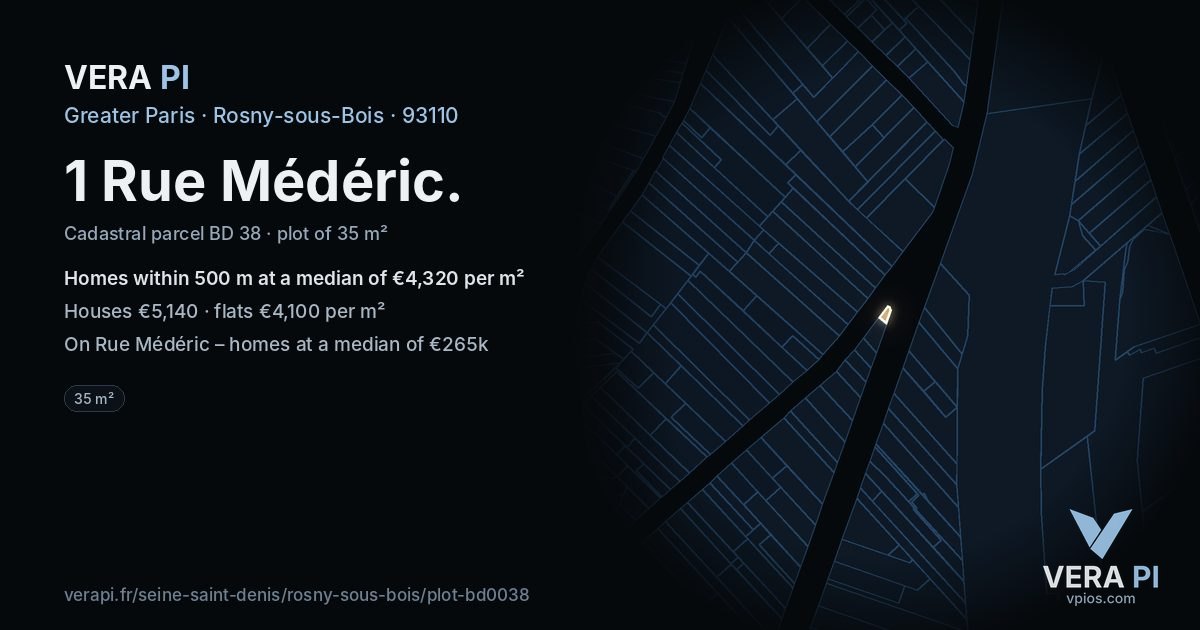 1 Rue Médéric, Rosny-sous-Bois at night – the plot lit, the parcels around coloured by the prices near them