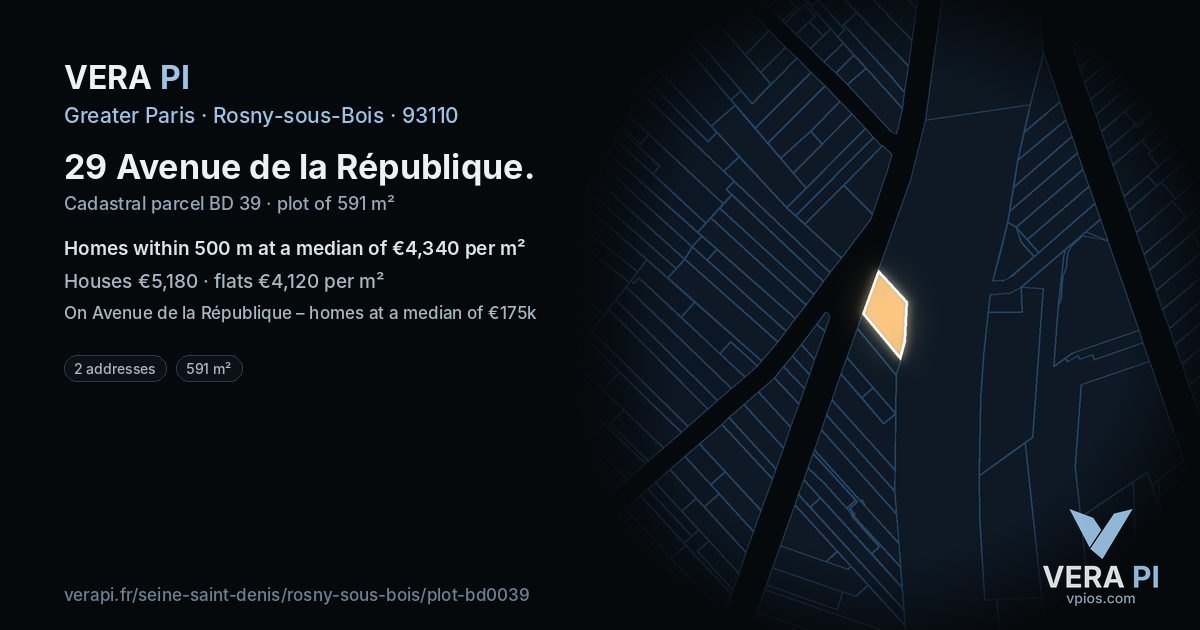 29 Avenue de la République, Rosny-sous-Bois at night – the plot lit, the parcels around coloured by the prices near them