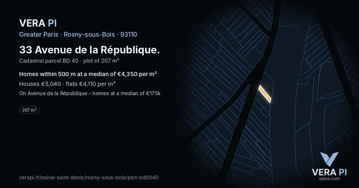 33 Avenue de la République, Rosny-sous-Bois at night – the plot lit, the parcels around coloured by the prices near them