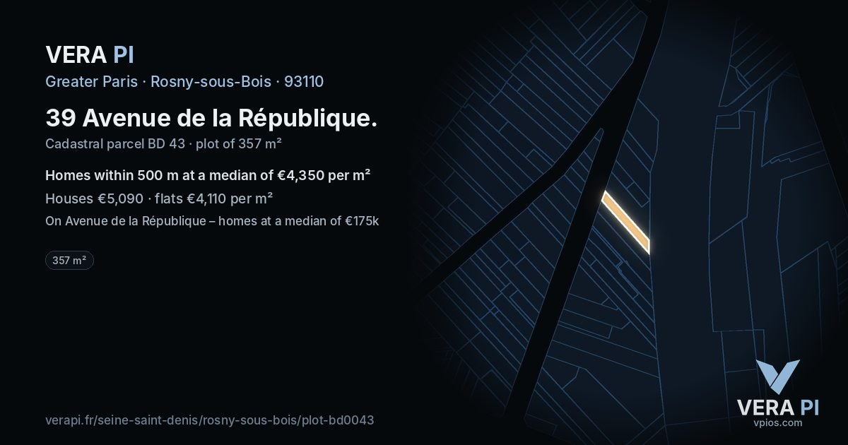 39 Avenue de la République, Rosny-sous-Bois at night – the plot lit, the parcels around coloured by the prices near them