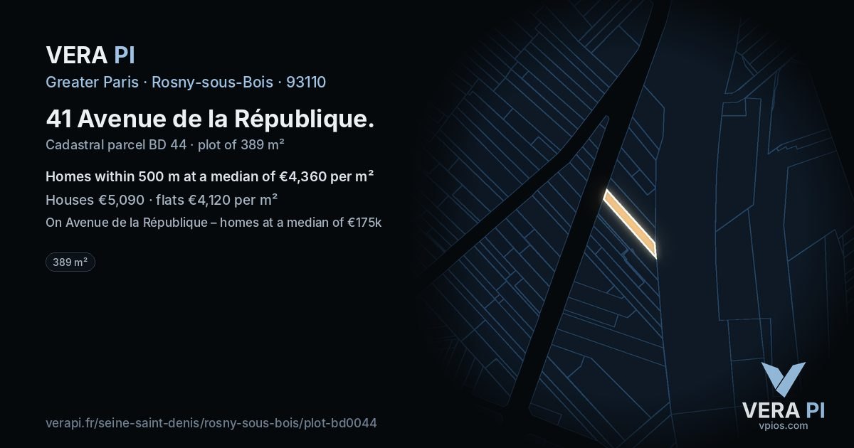 41 Avenue de la République, Rosny-sous-Bois at night – the plot lit, the parcels around coloured by the prices near them