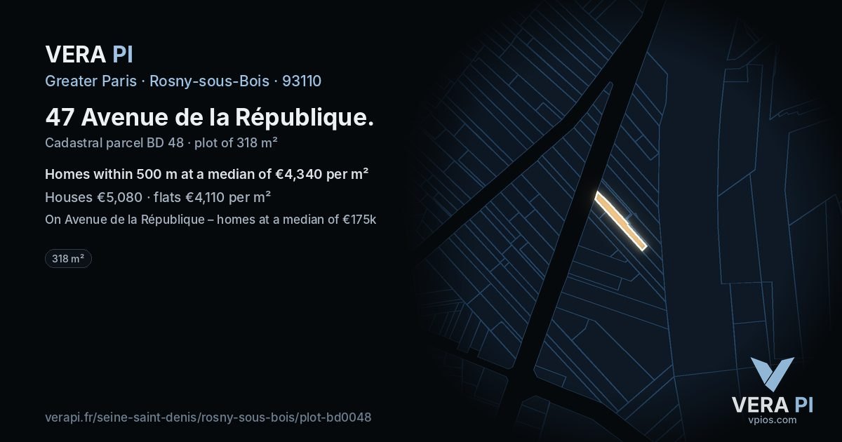 47 Avenue de la République, Rosny-sous-Bois at night – the plot lit, the parcels around coloured by the prices near them