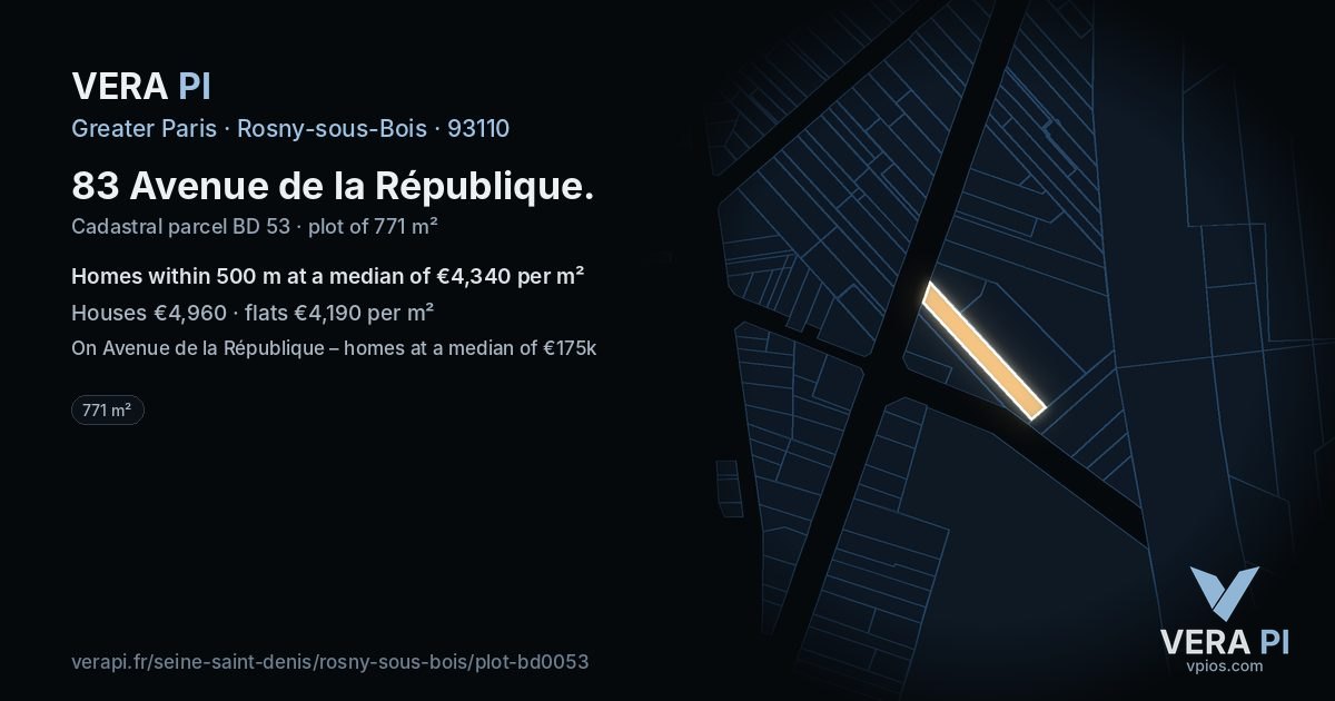 83 Avenue de la République, Rosny-sous-Bois at night – the plot lit, the parcels around coloured by the prices near them