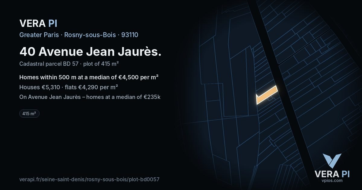 40 Avenue Jean Jaurès, Rosny-sous-Bois at night – the plot lit, the parcels around coloured by the prices near them