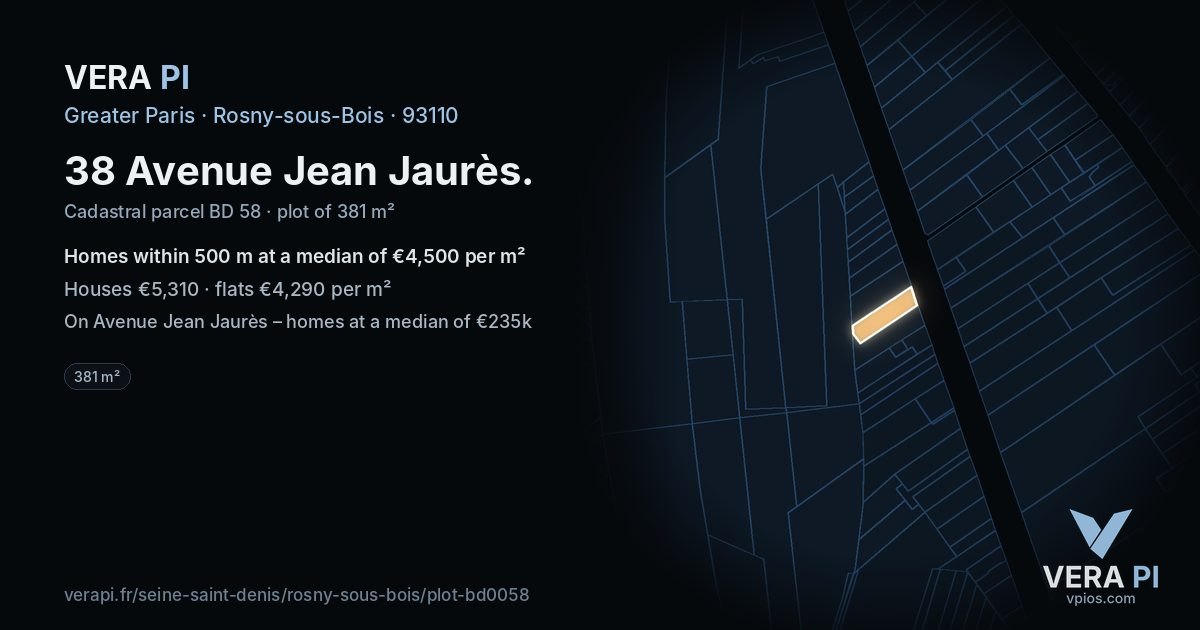 38 Avenue Jean Jaurès, Rosny-sous-Bois at night – the plot lit, the parcels around coloured by the prices near them