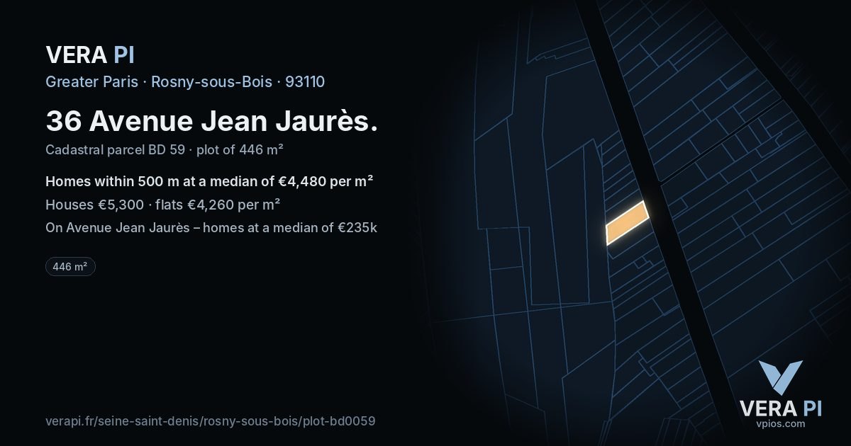 36 Avenue Jean Jaurès, Rosny-sous-Bois at night – the plot lit, the parcels around coloured by the prices near them