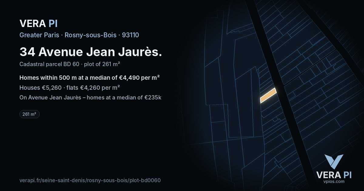 34 Avenue Jean Jaurès, Rosny-sous-Bois at night – the plot lit, the parcels around coloured by the prices near them