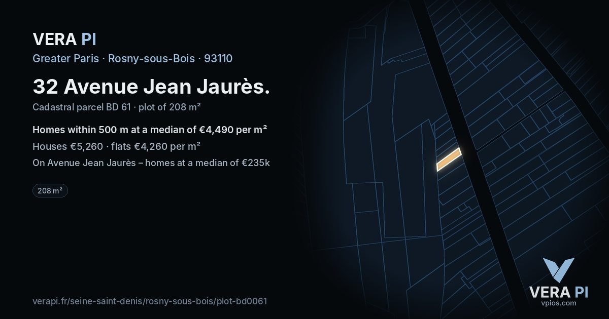 32 Avenue Jean Jaurès, Rosny-sous-Bois at night – the plot lit, the parcels around coloured by the prices near them