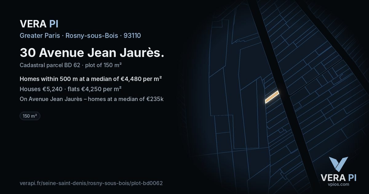 30 Avenue Jean Jaurès, Rosny-sous-Bois at night – the plot lit, the parcels around coloured by the prices near them