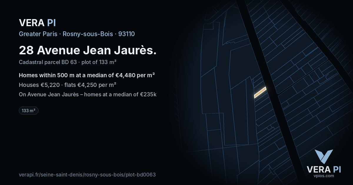 28 Avenue Jean Jaurès, Rosny-sous-Bois at night – the plot lit, the parcels around coloured by the prices near them