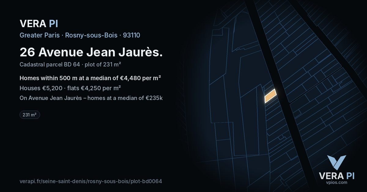 26 Avenue Jean Jaurès, Rosny-sous-Bois at night – the plot lit, the parcels around coloured by the prices near them