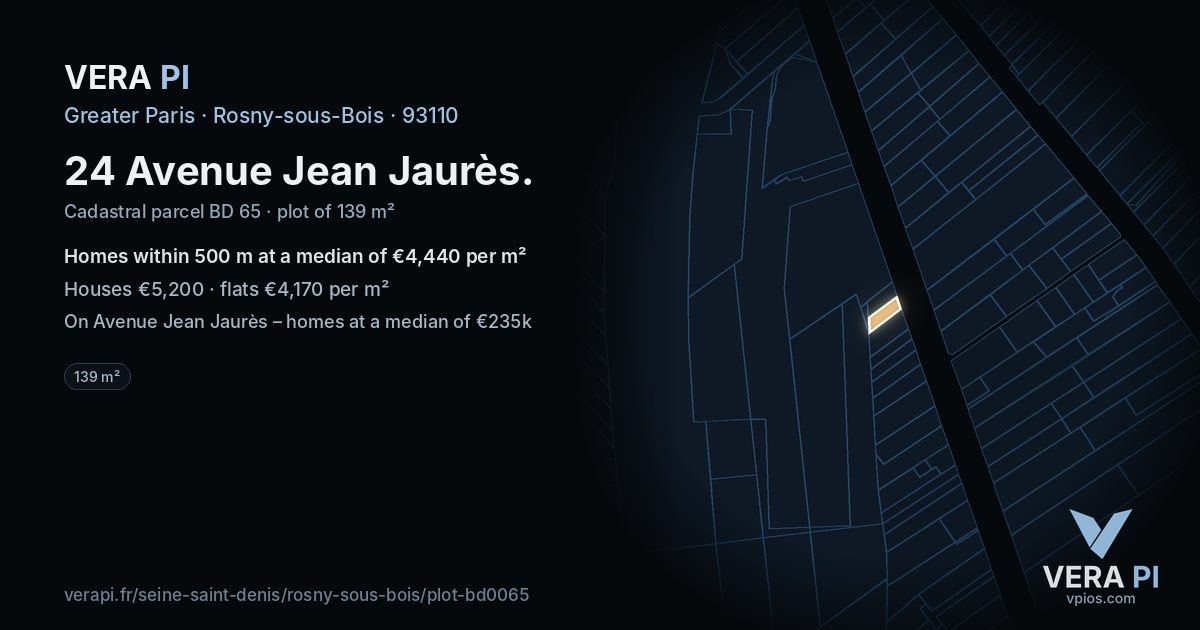 24 Avenue Jean Jaurès, Rosny-sous-Bois at night – the plot lit, the parcels around coloured by the prices near them