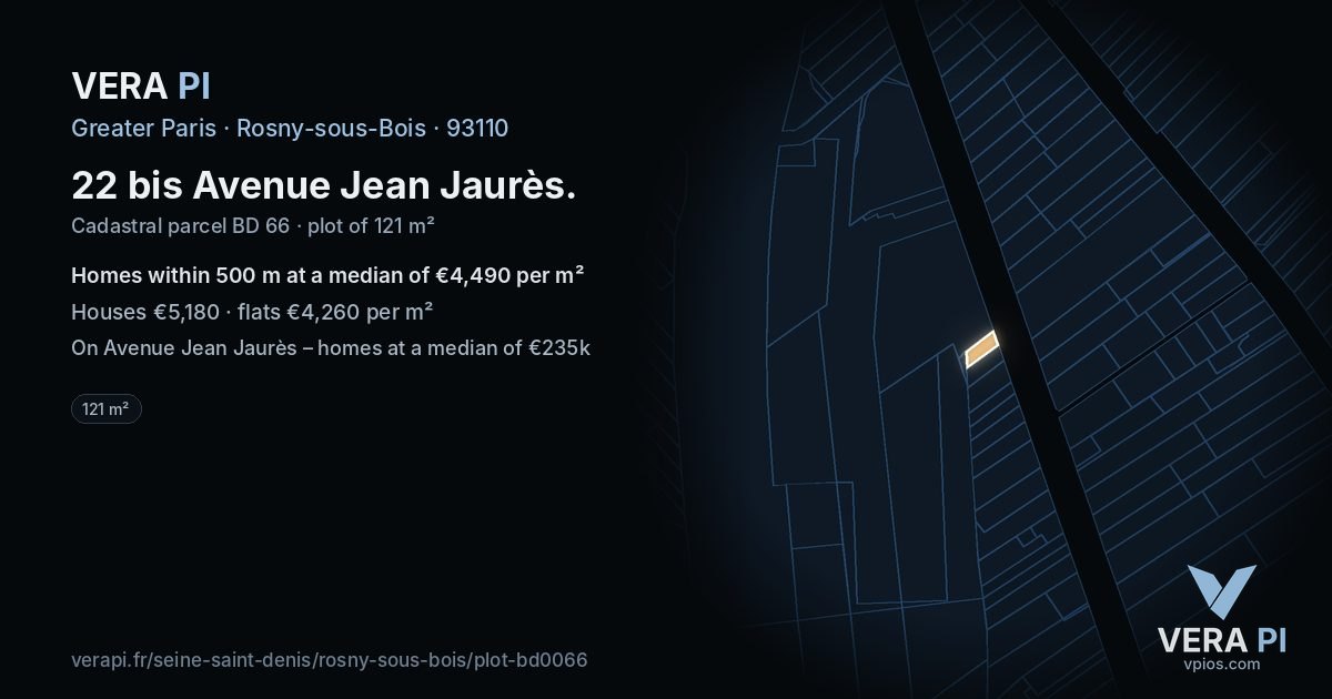 22 bis Avenue Jean Jaurès, Rosny-sous-Bois at night – the plot lit, the parcels around coloured by the prices near them