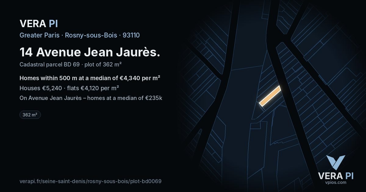 14 Avenue Jean Jaurès, Rosny-sous-Bois at night – the plot lit, the parcels around coloured by the prices near them