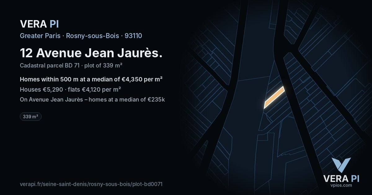 12 Avenue Jean Jaurès, Rosny-sous-Bois at night – the plot lit, the parcels around coloured by the prices near them