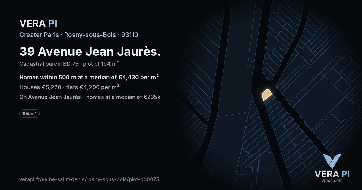 39 Avenue Jean Jaurès, Rosny-sous-Bois at night – the plot lit, the parcels around coloured by the prices near them