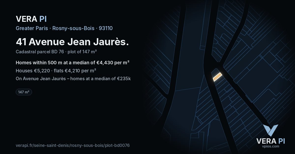 41 Avenue Jean Jaurès, Rosny-sous-Bois at night – the plot lit, the parcels around coloured by the prices near them