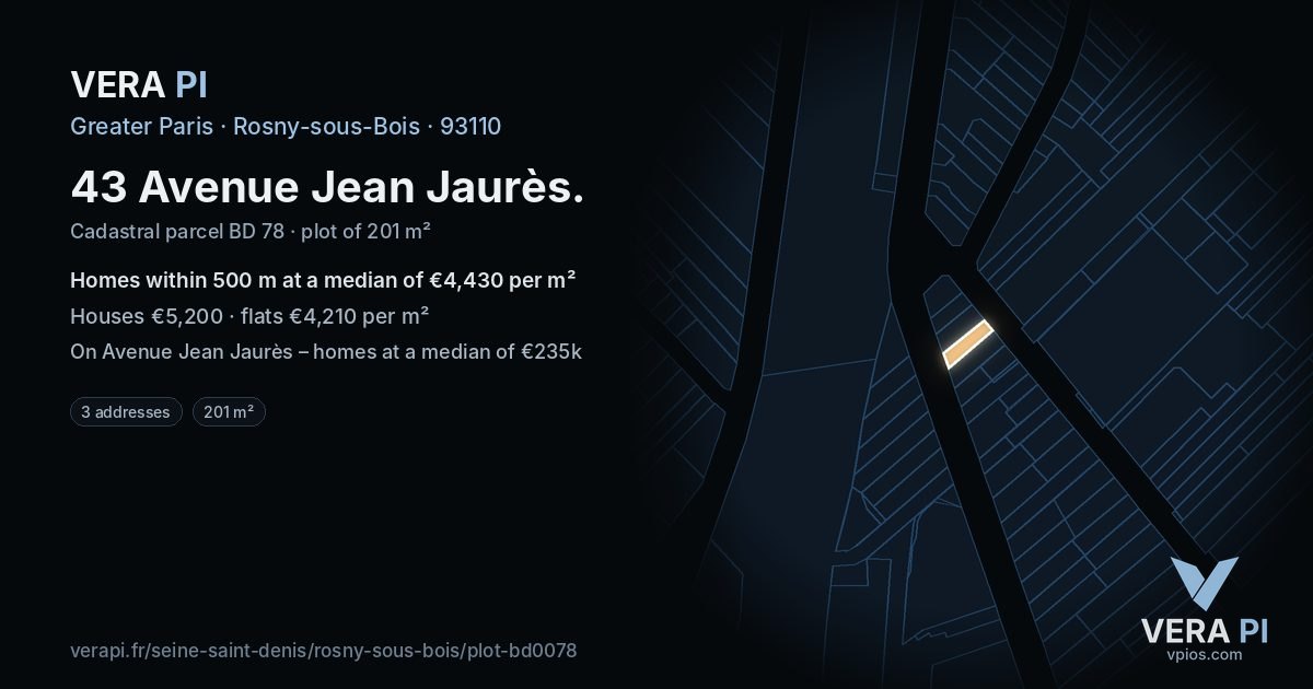 43 Avenue Jean Jaurès, Rosny-sous-Bois at night – the plot lit, the parcels around coloured by the prices near them
