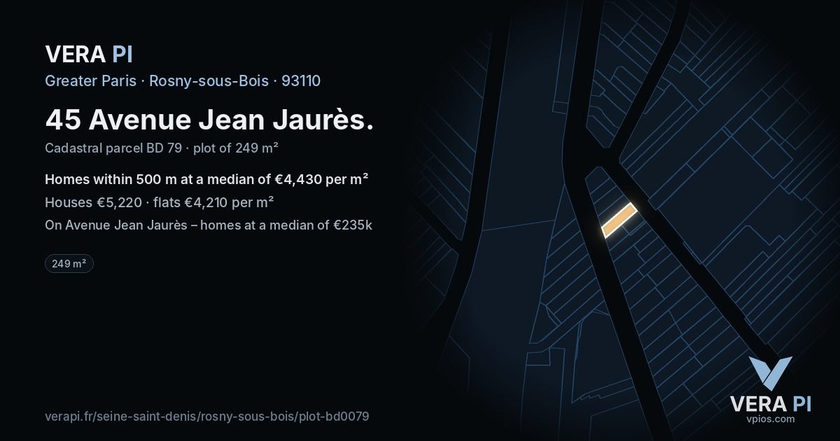 45 Avenue Jean Jaurès, Rosny-sous-Bois at night – the plot lit, the parcels around coloured by the prices near them