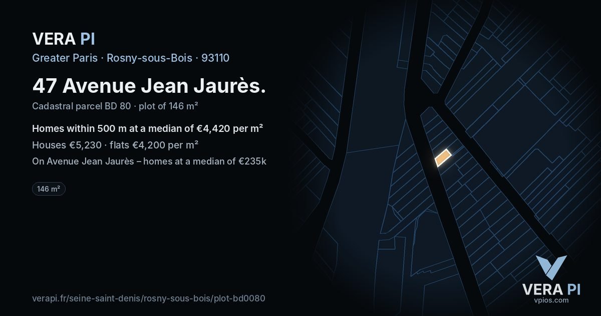 47 Avenue Jean Jaurès, Rosny-sous-Bois at night – the plot lit, the parcels around coloured by the prices near them