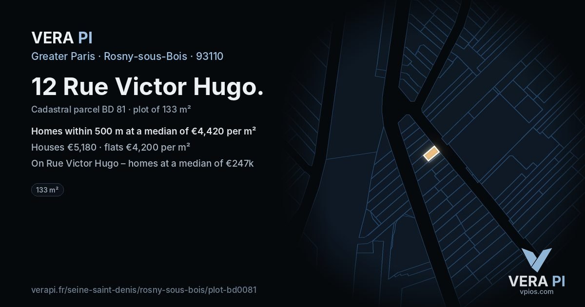 12 Rue Victor Hugo, Rosny-sous-Bois at night – the plot lit, the parcels around coloured by the prices near them