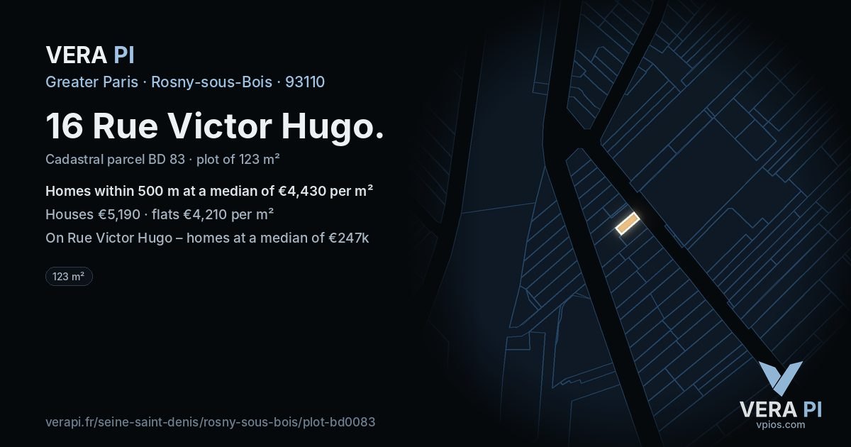 16 Rue Victor Hugo, Rosny-sous-Bois at night – the plot lit, the parcels around coloured by the prices near them