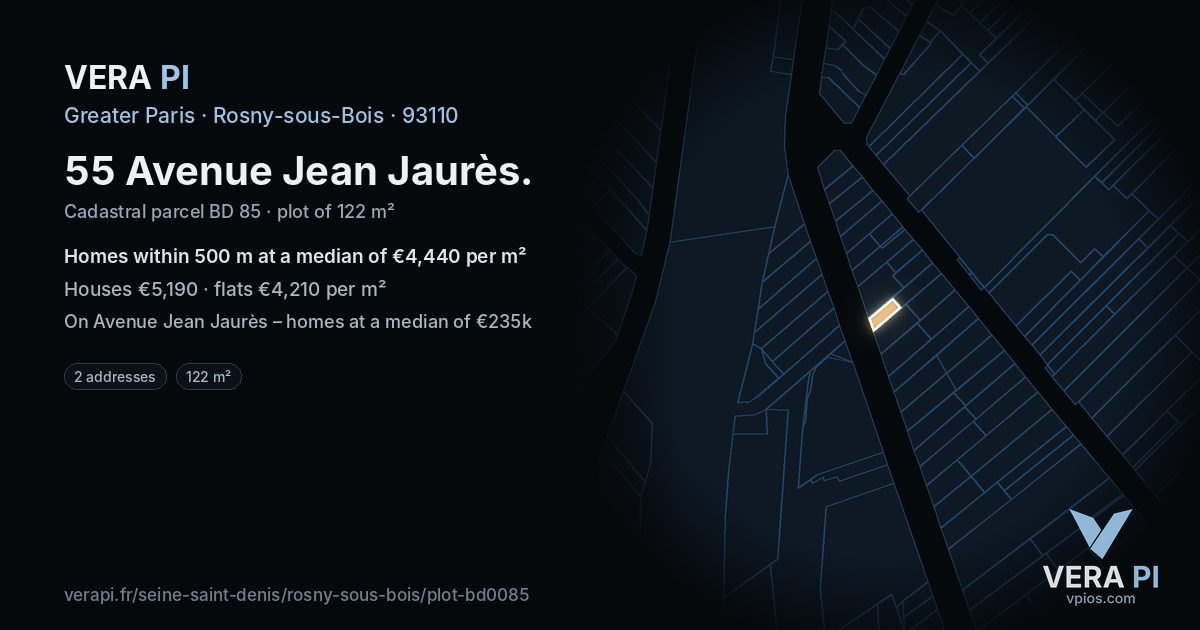 55 Avenue Jean Jaurès, Rosny-sous-Bois at night – the plot lit, the parcels around coloured by the prices near them