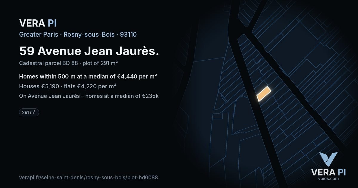 59 Avenue Jean Jaurès, Rosny-sous-Bois at night – the plot lit, the parcels around coloured by the prices near them