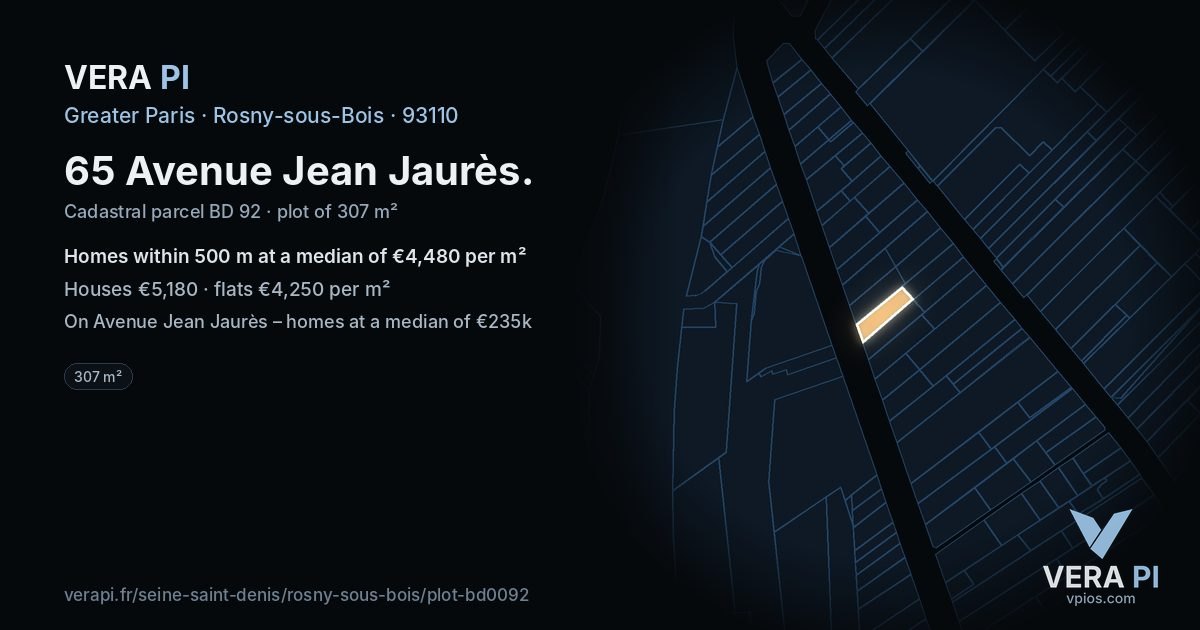 65 Avenue Jean Jaurès, Rosny-sous-Bois at night – the plot lit, the parcels around coloured by the prices near them
