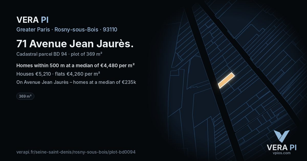 71 Avenue Jean Jaurès, Rosny-sous-Bois at night – the plot lit, the parcels around coloured by the prices near them