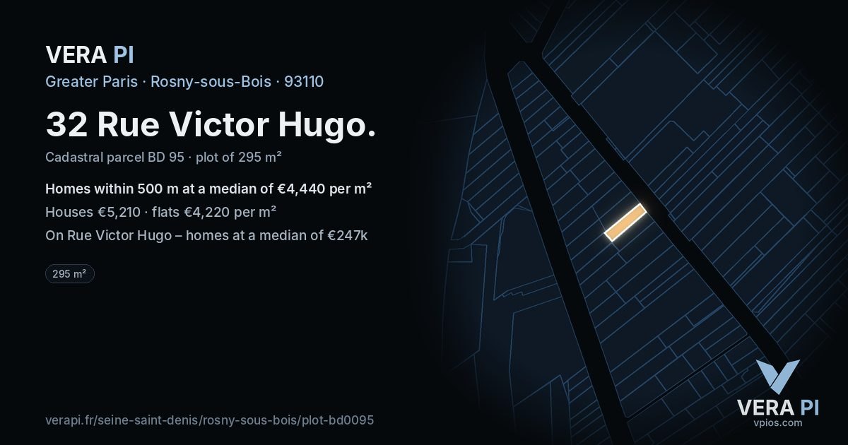 32 Rue Victor Hugo, Rosny-sous-Bois at night – the plot lit, the parcels around coloured by the prices near them