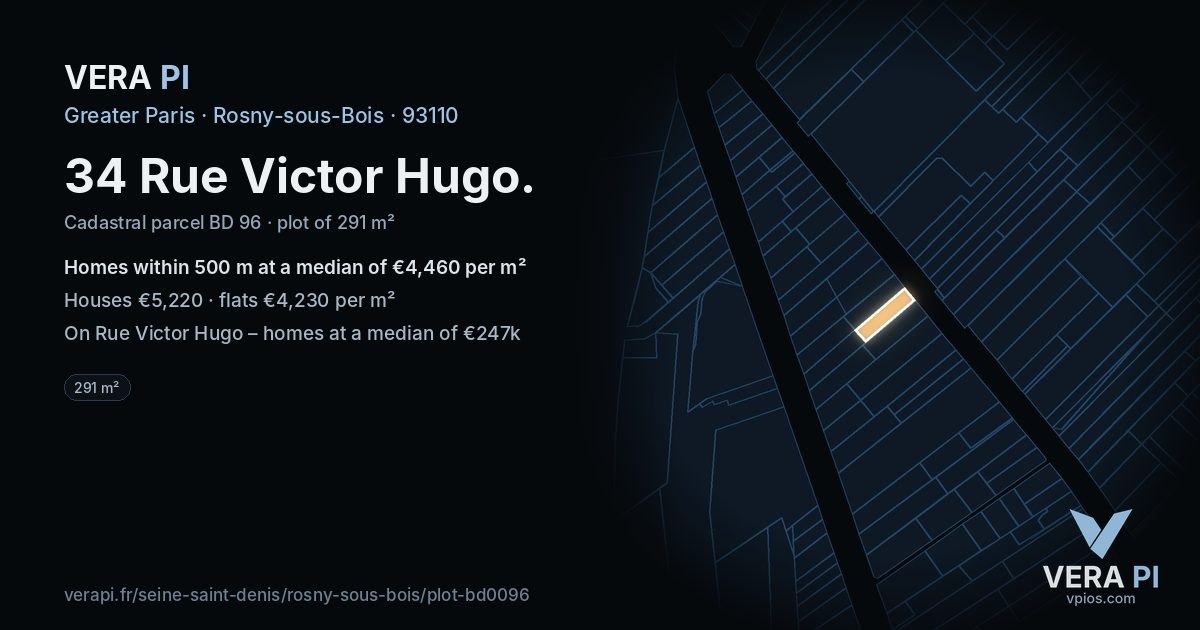 34 Rue Victor Hugo, Rosny-sous-Bois at night – the plot lit, the parcels around coloured by the prices near them