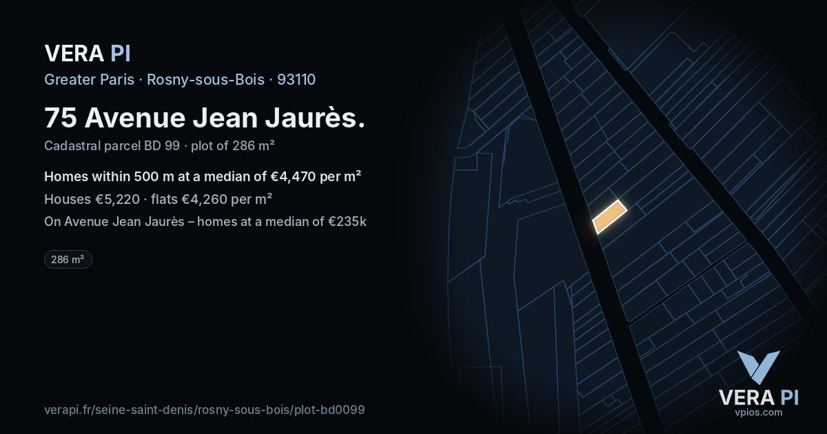 75 Avenue Jean Jaurès, Rosny-sous-Bois at night – the plot lit, the parcels around coloured by the prices near them