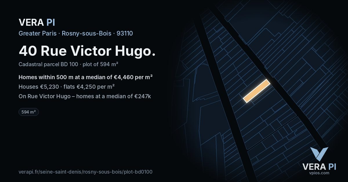 40 Rue Victor Hugo, Rosny-sous-Bois at night – the plot lit, the parcels around coloured by the prices near them