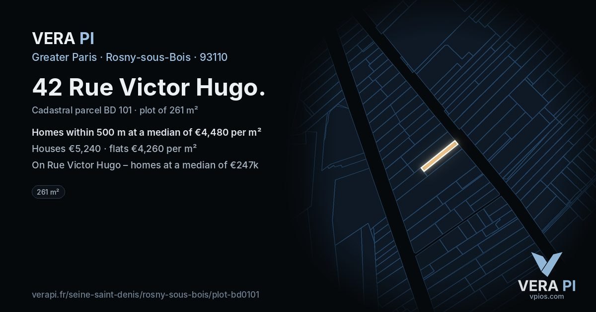 42 Rue Victor Hugo, Rosny-sous-Bois at night – the plot lit, the parcels around coloured by the prices near them