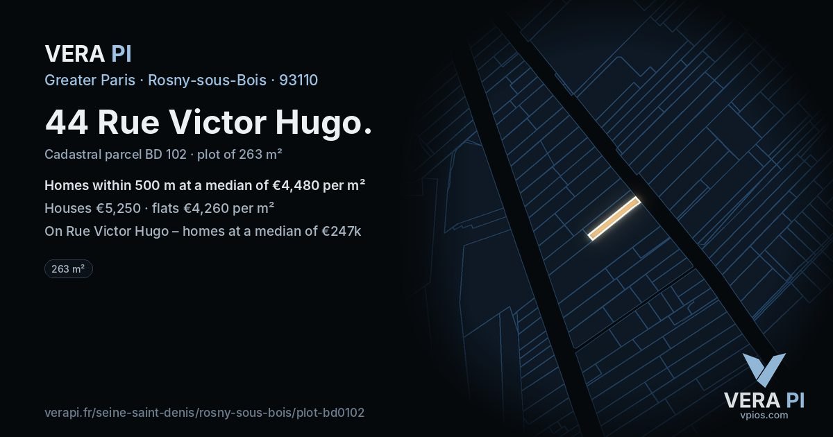 44 Rue Victor Hugo, Rosny-sous-Bois at night – the plot lit, the parcels around coloured by the prices near them