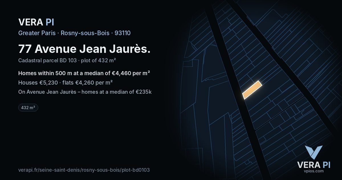 77 Avenue Jean Jaurès, Rosny-sous-Bois at night – the plot lit, the parcels around coloured by the prices near them