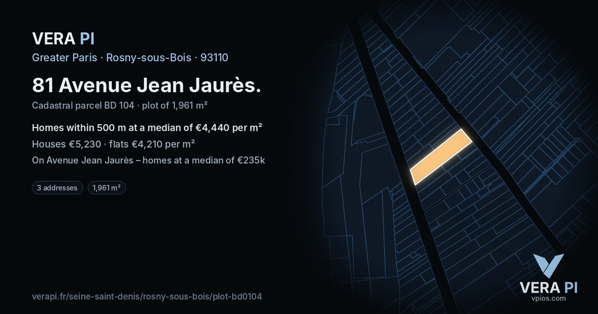 81 Avenue Jean Jaurès, Rosny-sous-Bois at night – the plot lit, the parcels around coloured by the prices near them