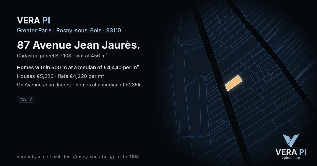 87 Avenue Jean Jaurès, Rosny-sous-Bois at night – the plot lit, the parcels around coloured by the prices near them
